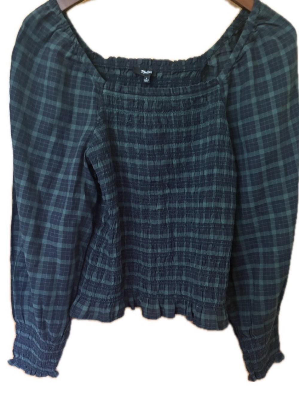 Madewell Plaid Smocked Square Neck Puff Sleeve Blouse- NWOT, Small